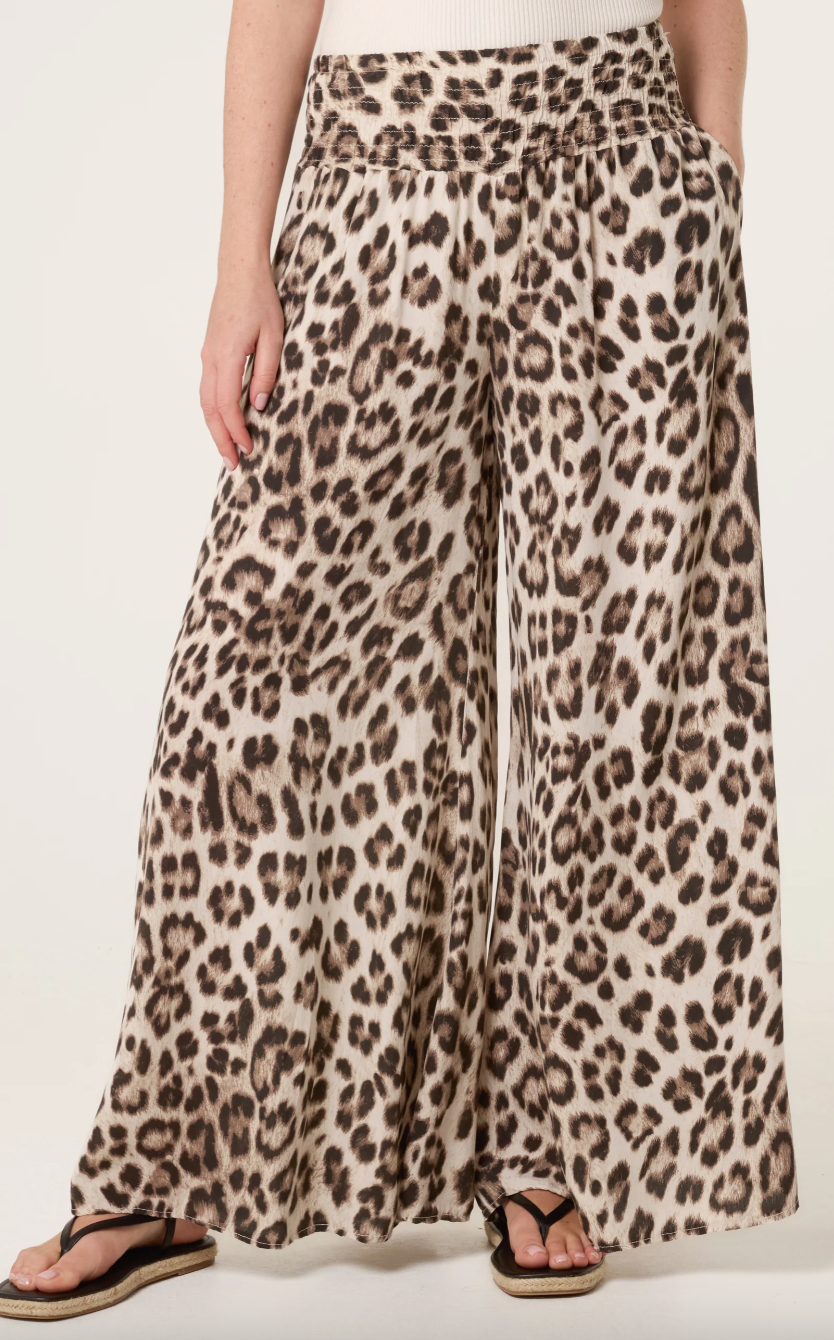 Leopard Print Elastic Waist Wide Leg Trousers