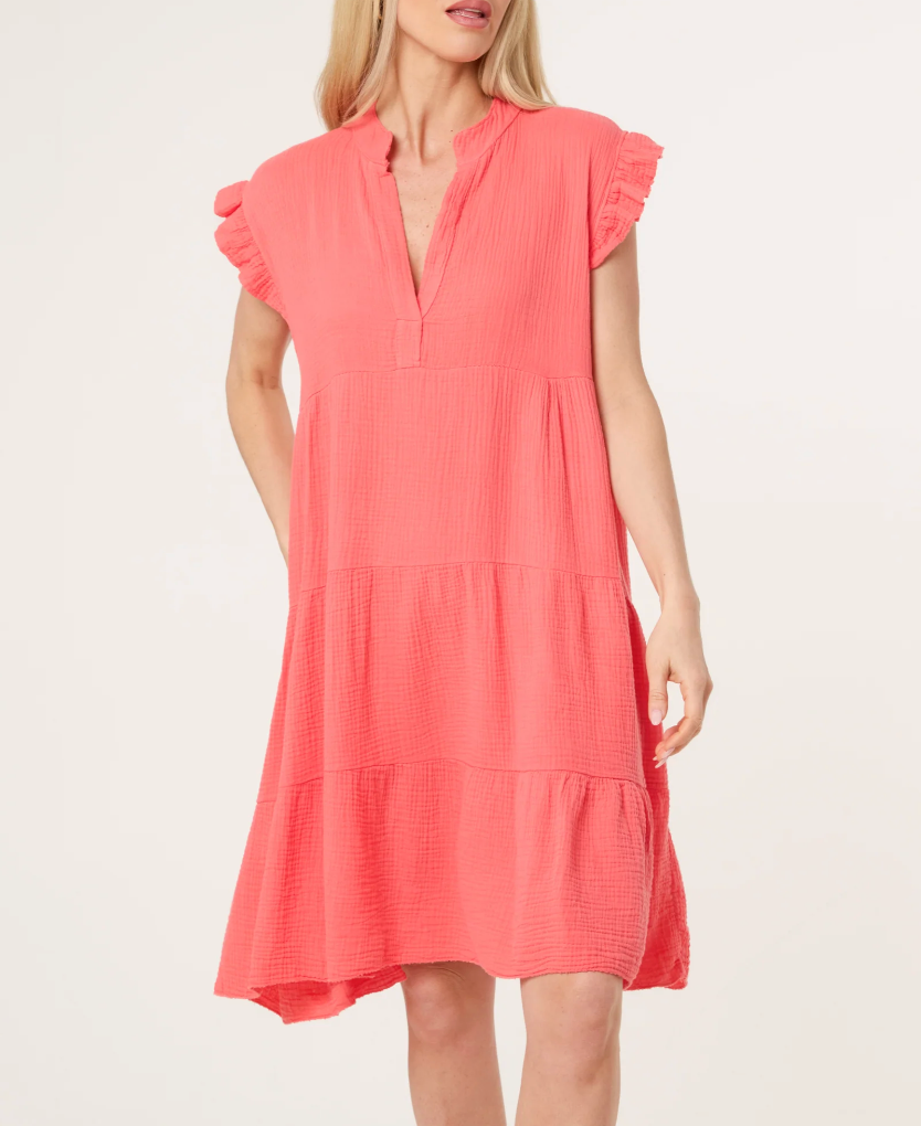 Frill Sleeve, V-Neck, Mini Beach Dress