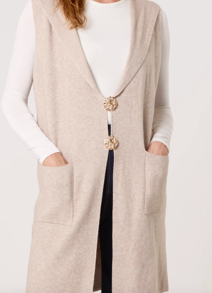 Hooded Gold Brooch Waistcoat - Stone