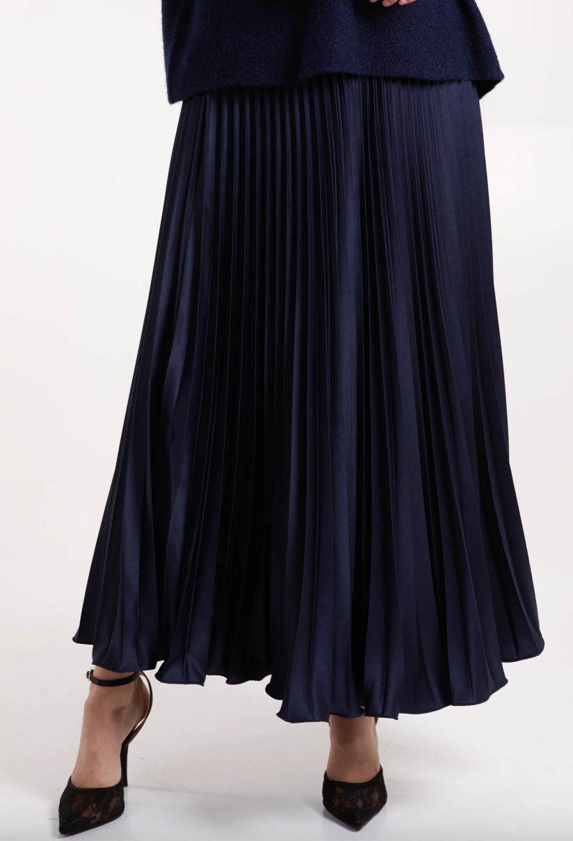 Satin Pleated Maxi Skirt - Navy
