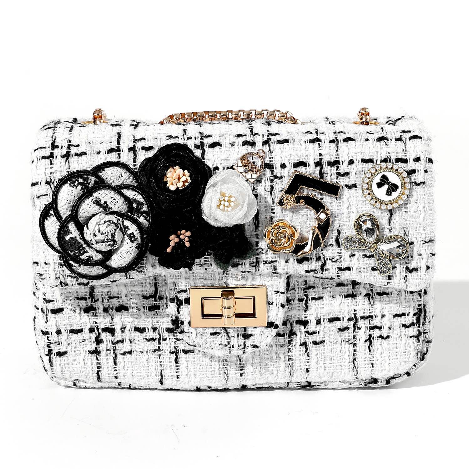 Tweed Bag with Floral & Charm Accents