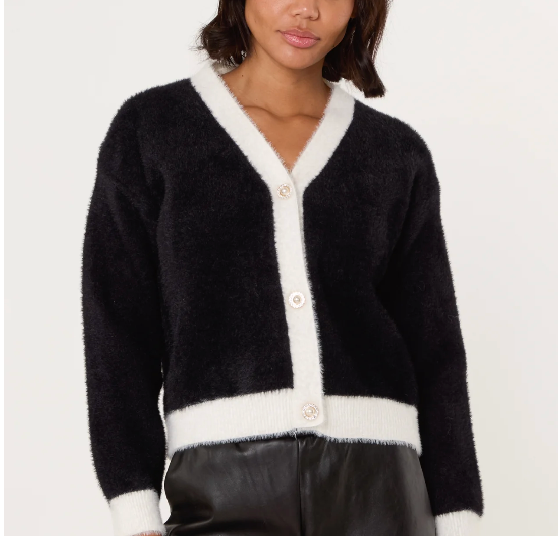 Contrast Pearl Button Cardigan - Black - M/L