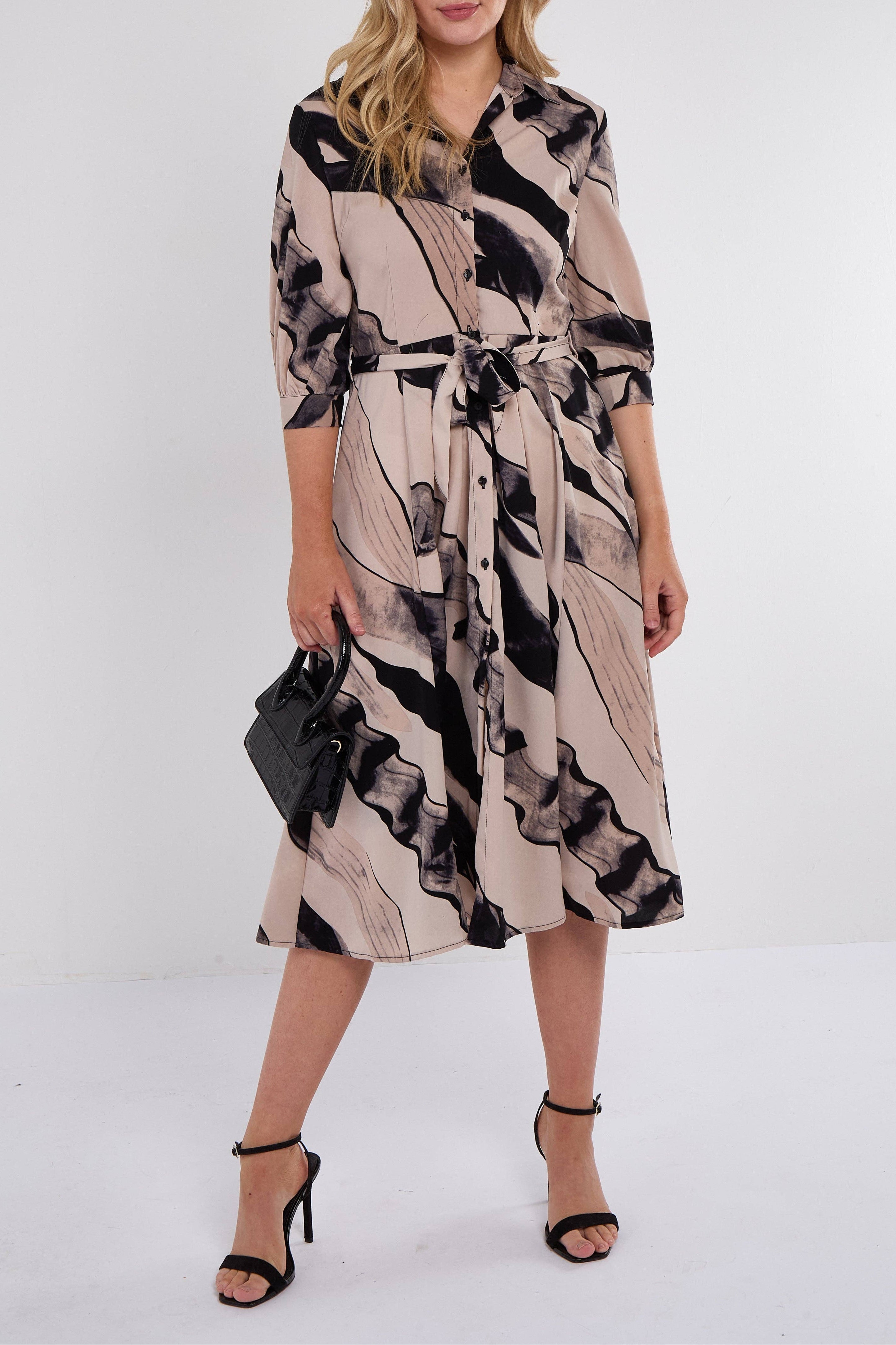 Abstract Print Half Sleeve Midi Shirt Dress