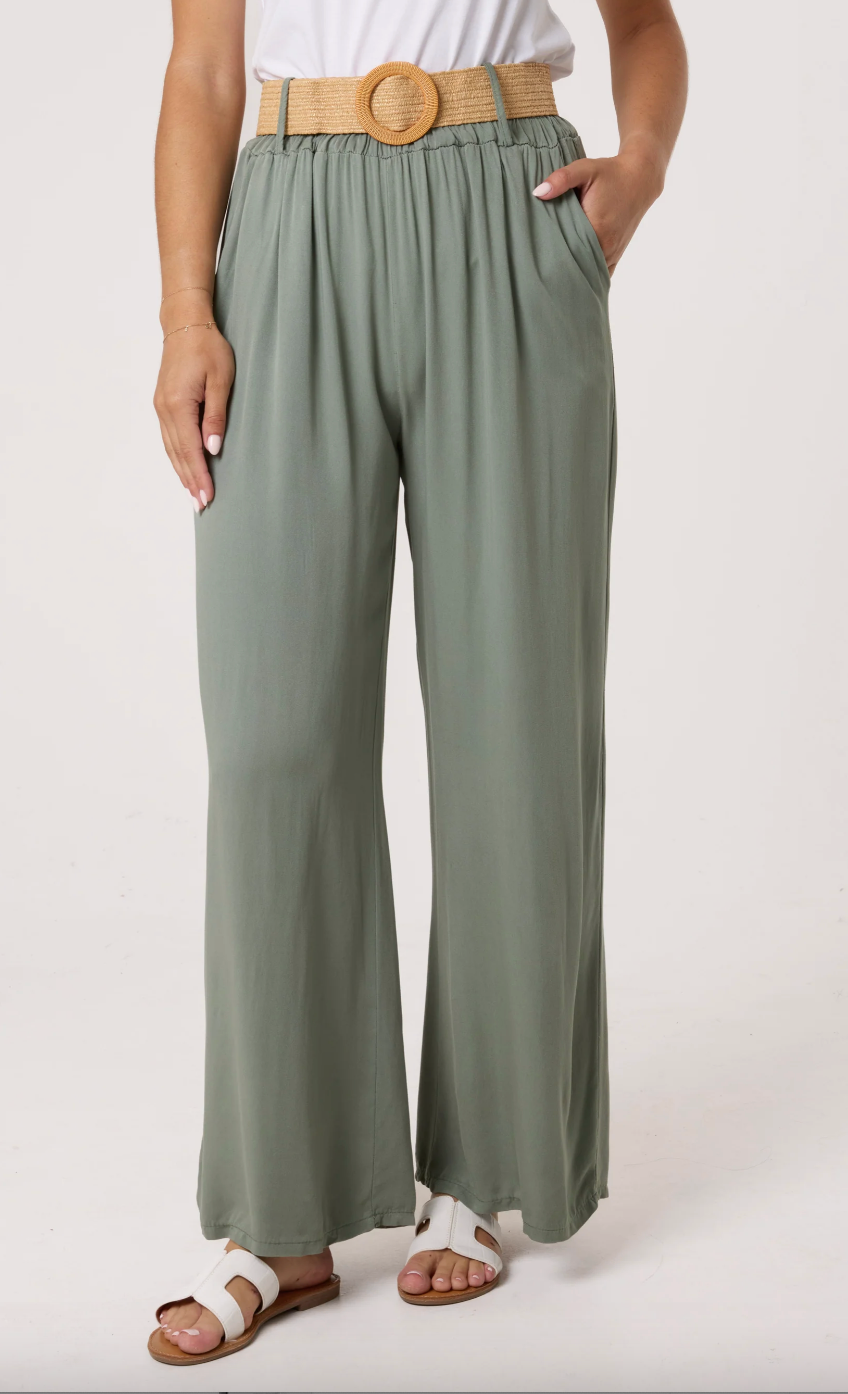 Belted Wide Leg Trouser - Khaki