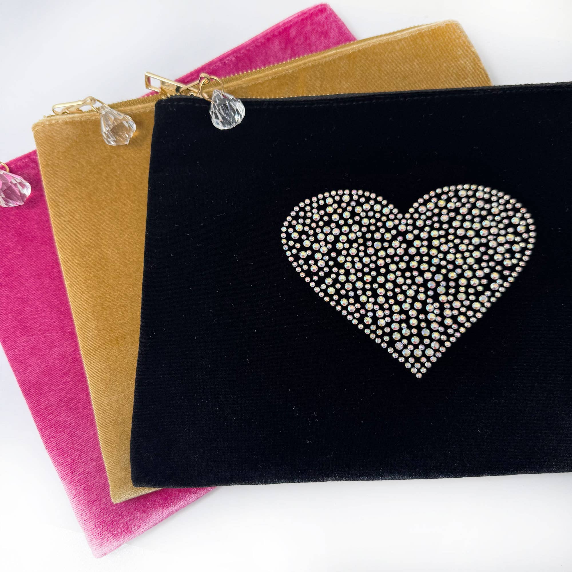 Velvet Rhinestone heart make up bag