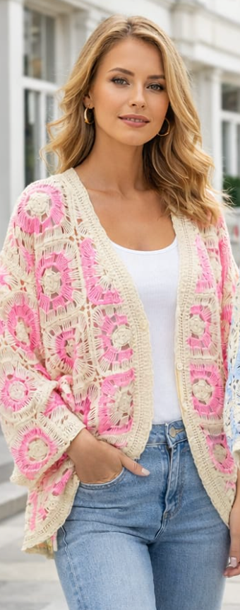 Crochet Batwing Cardigan - Pink