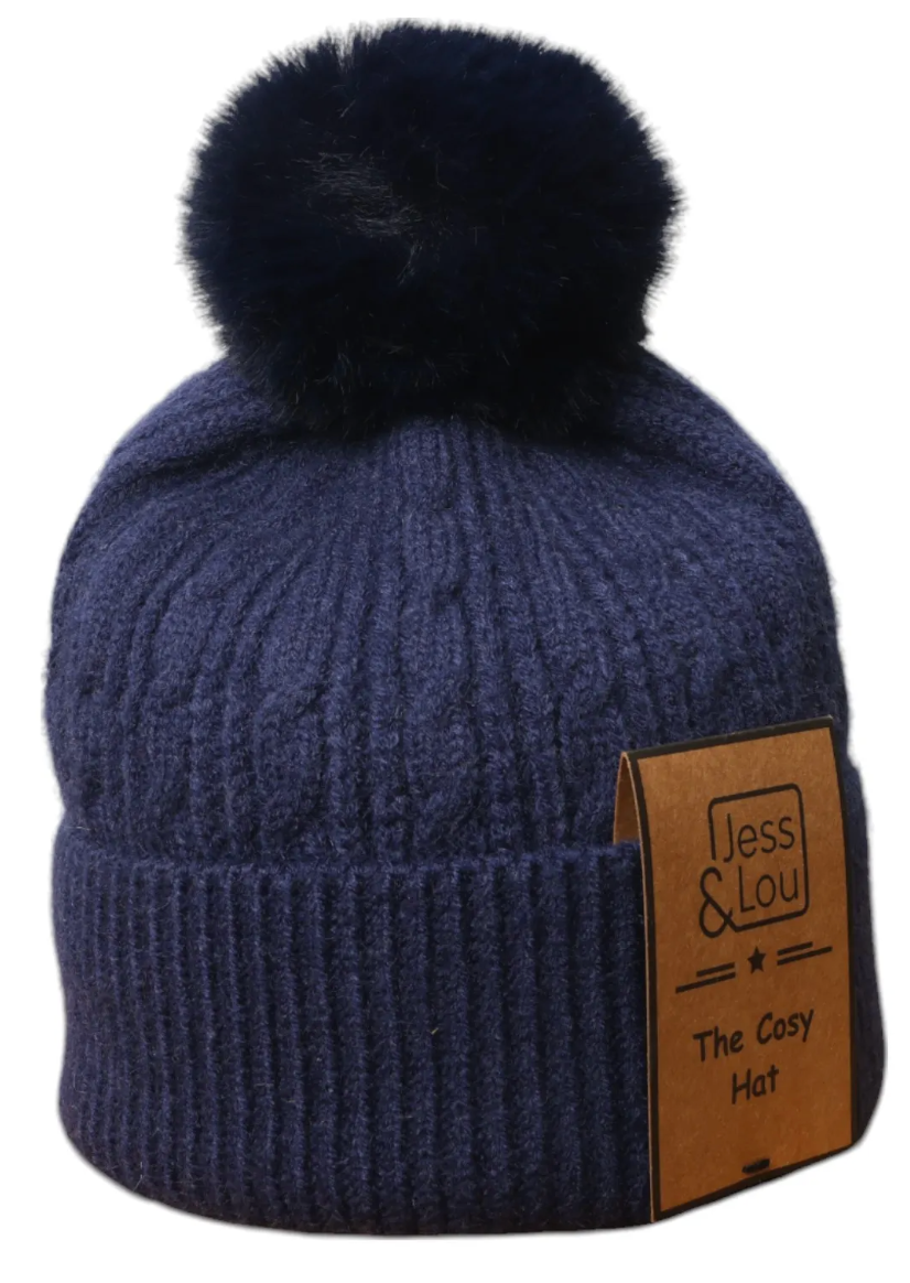 Cable Knit Bobble Hat - NAVY