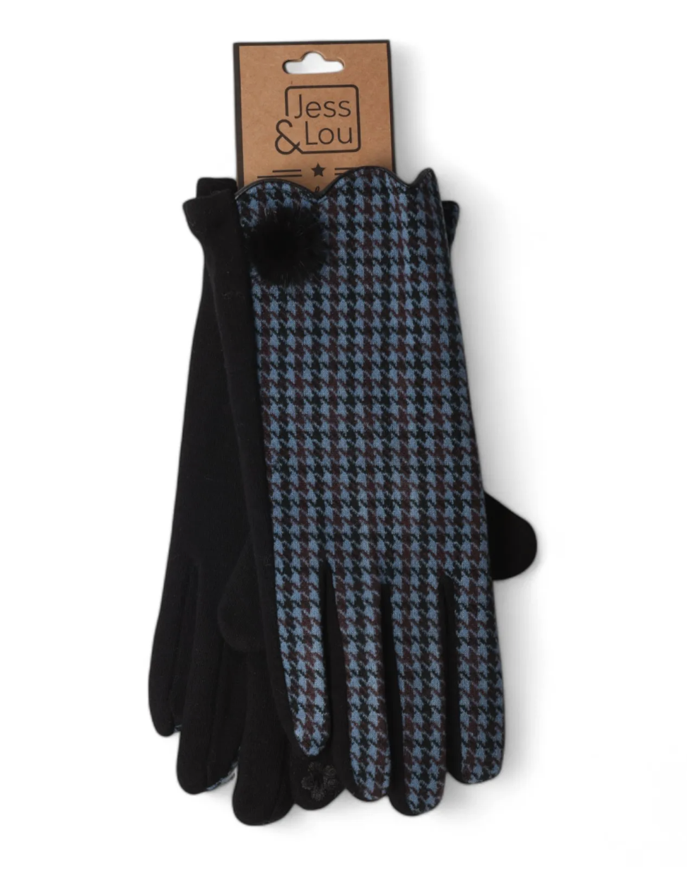 Pom-pom Dogtooth Gloves - Blue