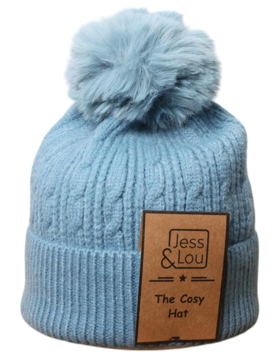 Cable Knit Bobble Hat - BLUE