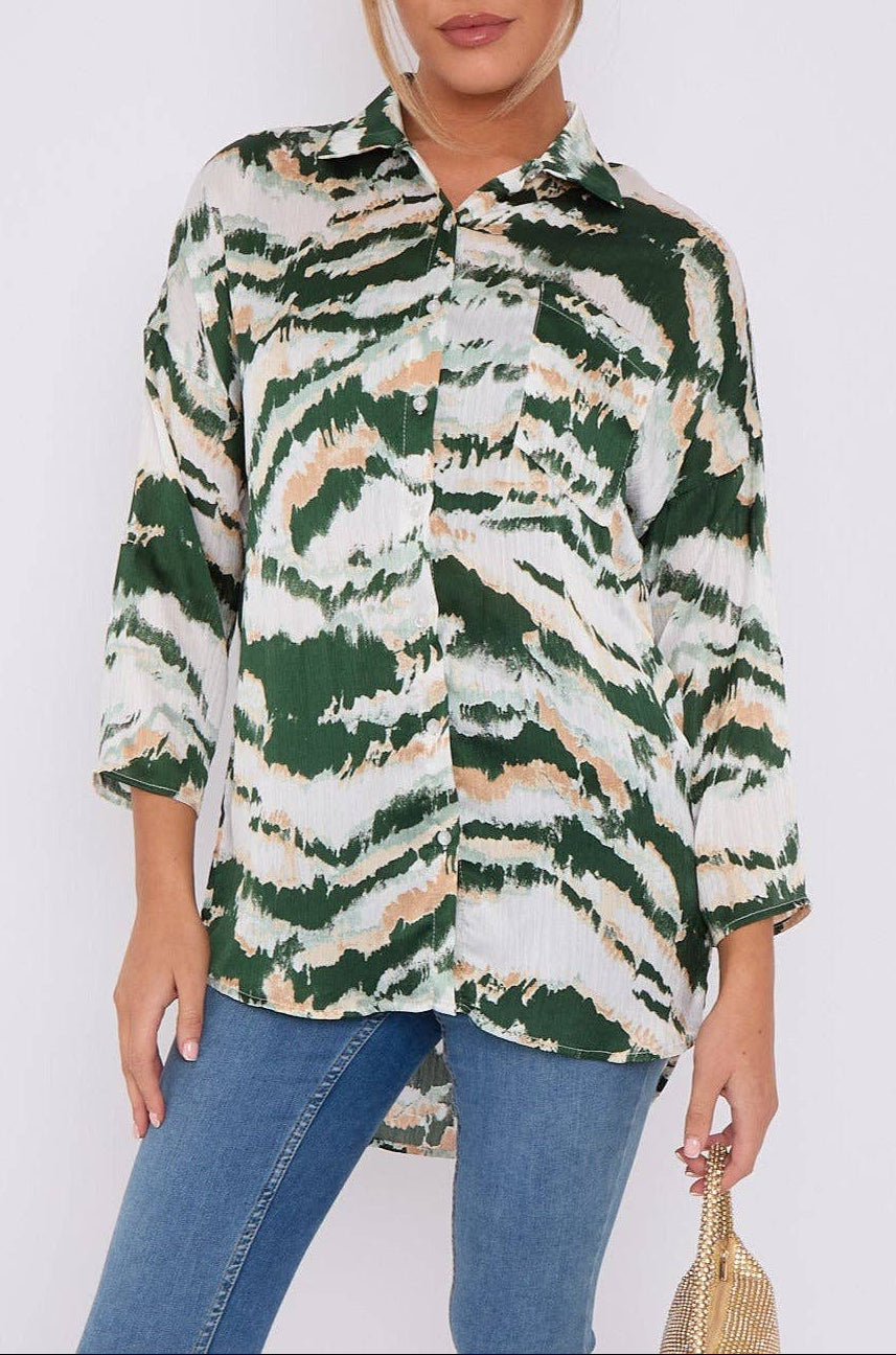 Tie Dye Stripe Print Satin Oversized Shirt