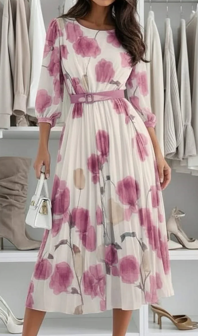 Caroline Pink Rose Pleated Skirt Dress