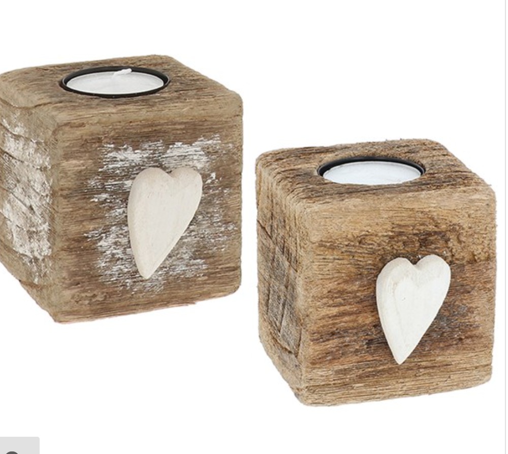 Wooden Cube White Heart Tealight Holder
