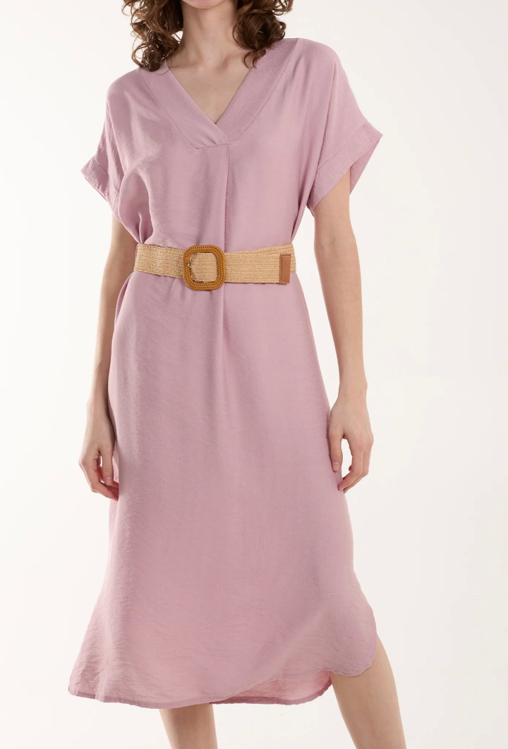 Belted V-Neck Midi Dress - Pink