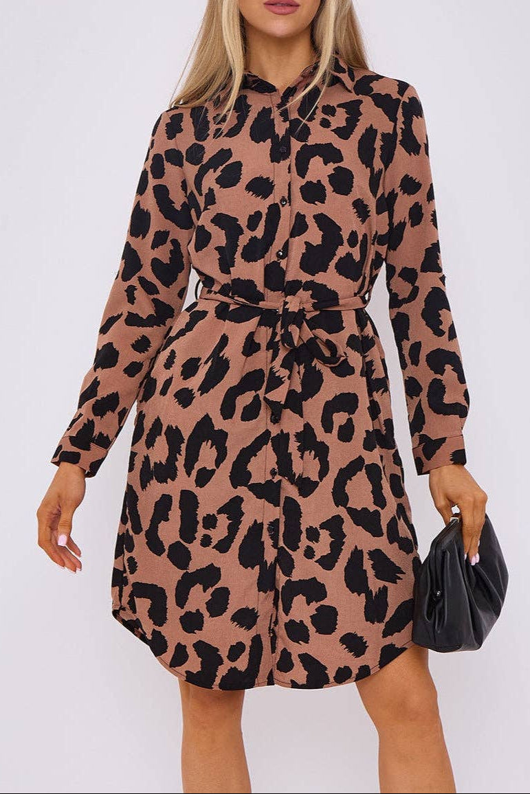 Tan Leopard Print Mini Shirt Dress