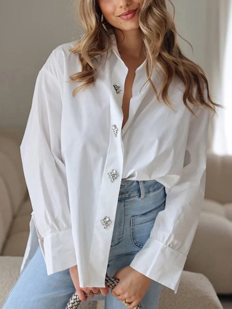 Diamante Button Oversized Blouse - White