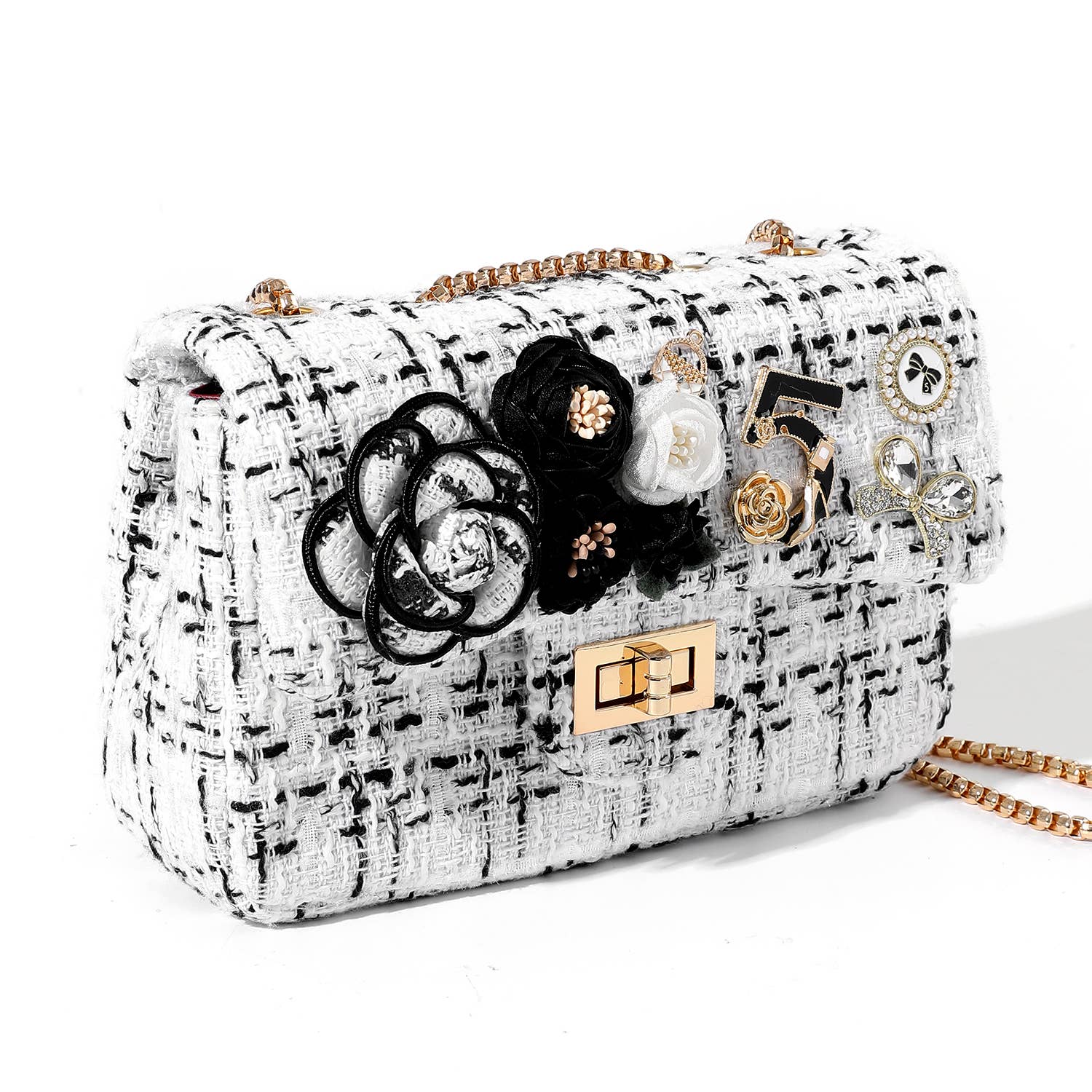 Tweed Bag with Floral & Charm Accents
