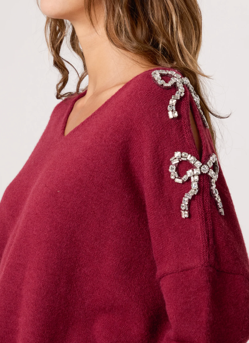 1 Diamante Bow Jumper - Wine