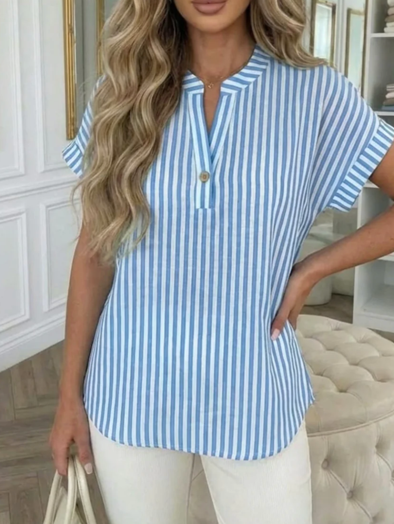 Linen Stripe Button Top - Blue