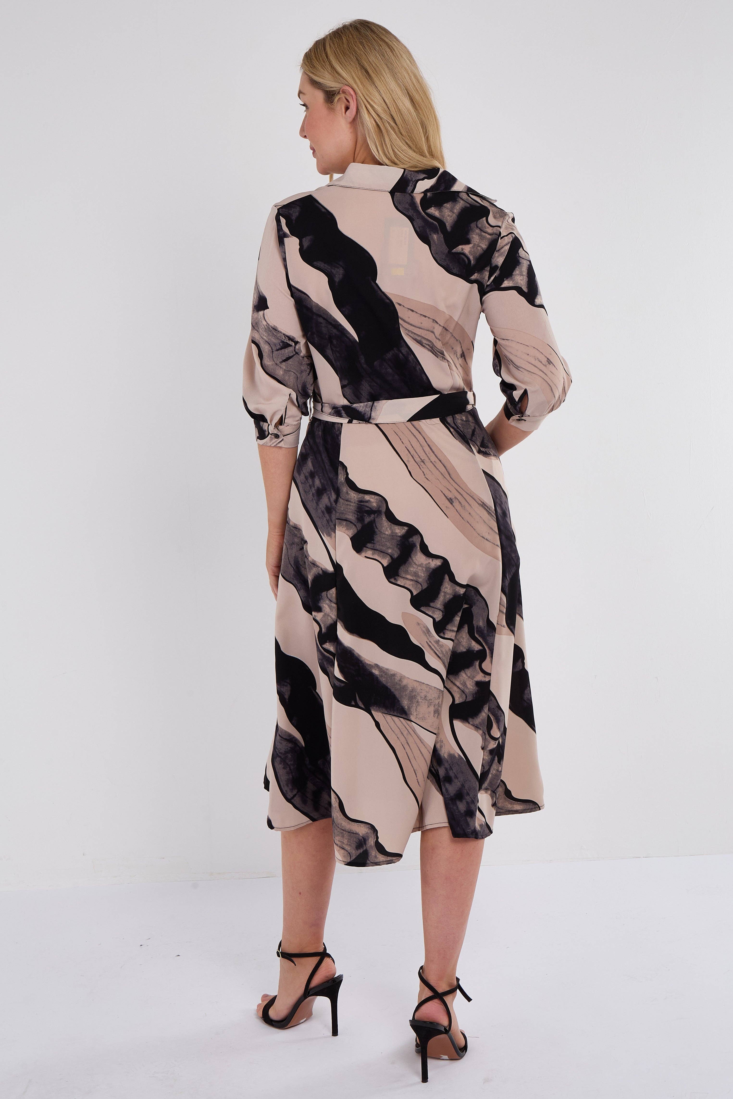 Abstract Print Half Sleeve Midi Shirt Dress