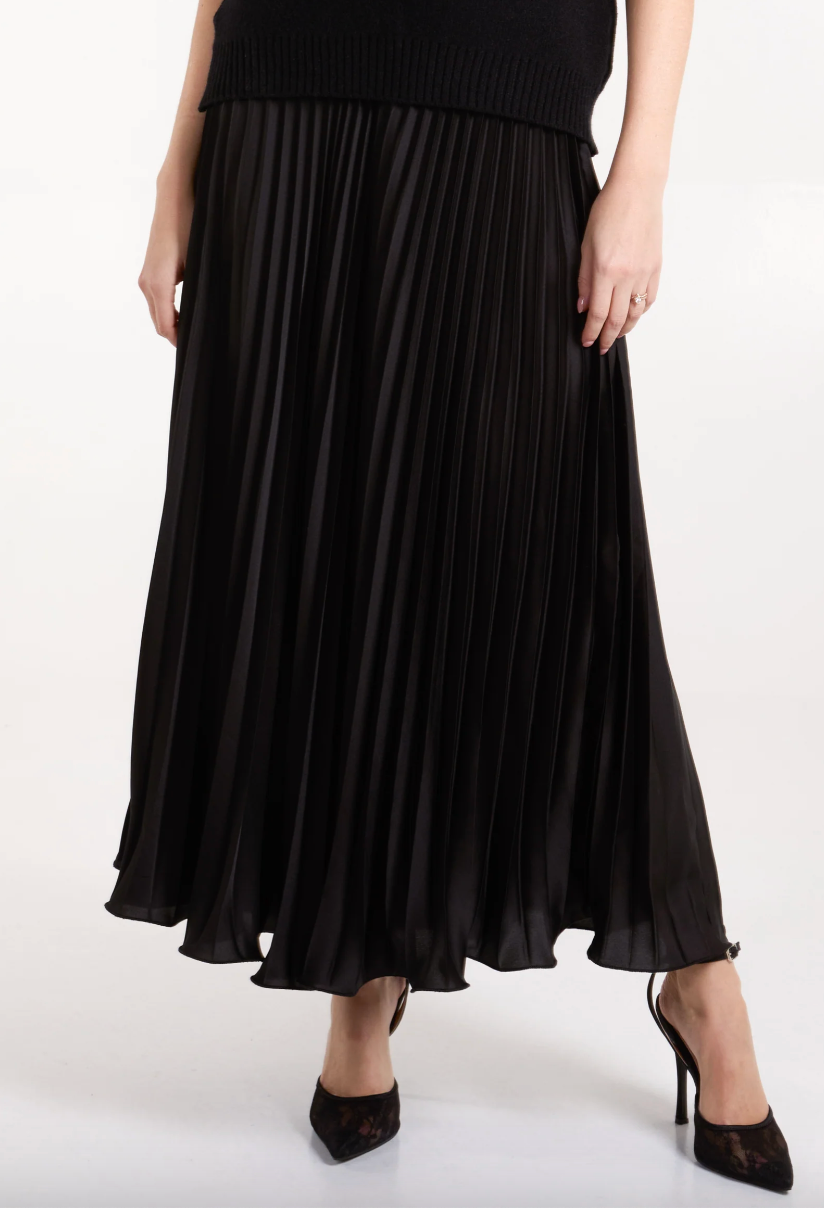 Satin Pleated Maxi Skirt - Black