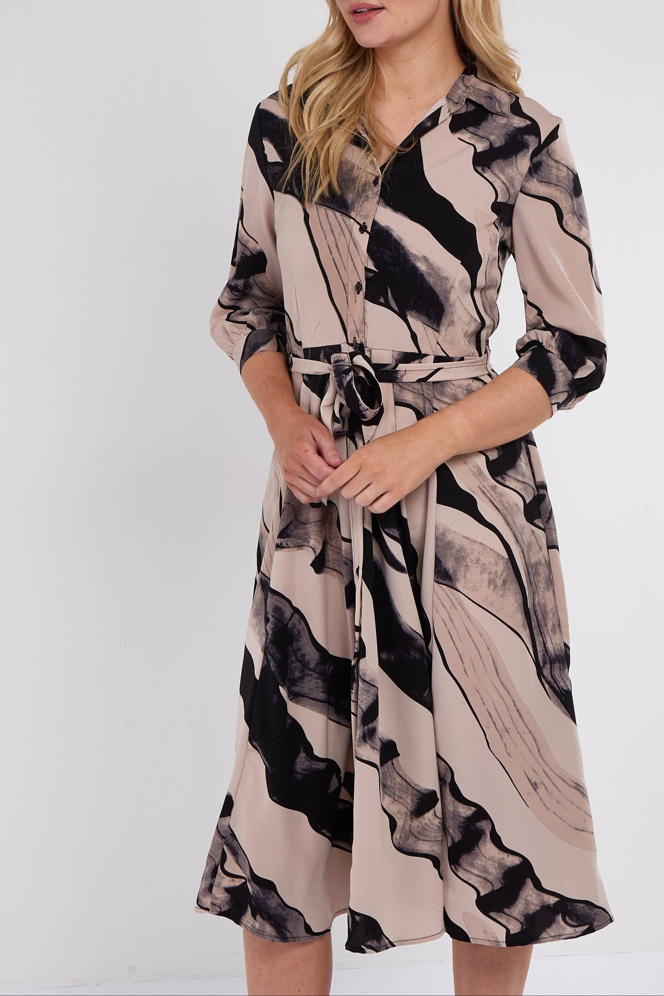 Abstract Print Half Sleeve Midi Shirt Dress