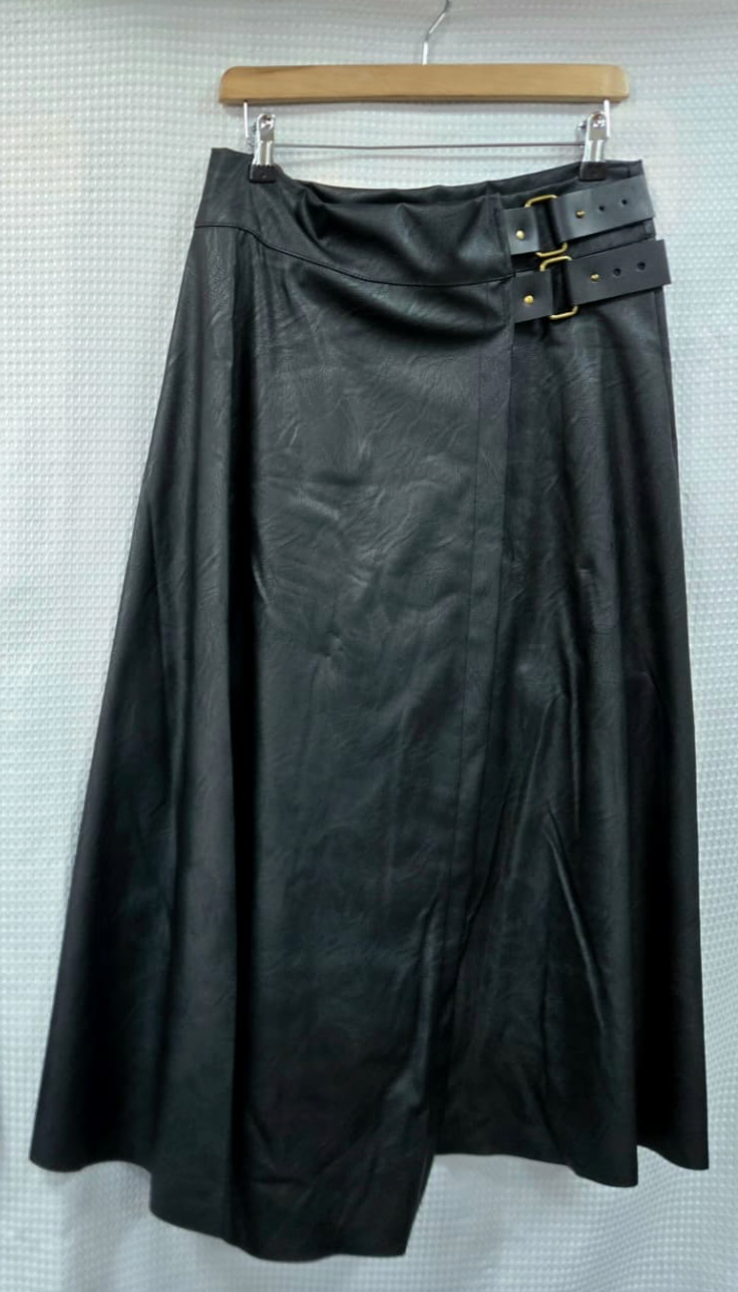 Leather Look Buckle Skirt - Black
