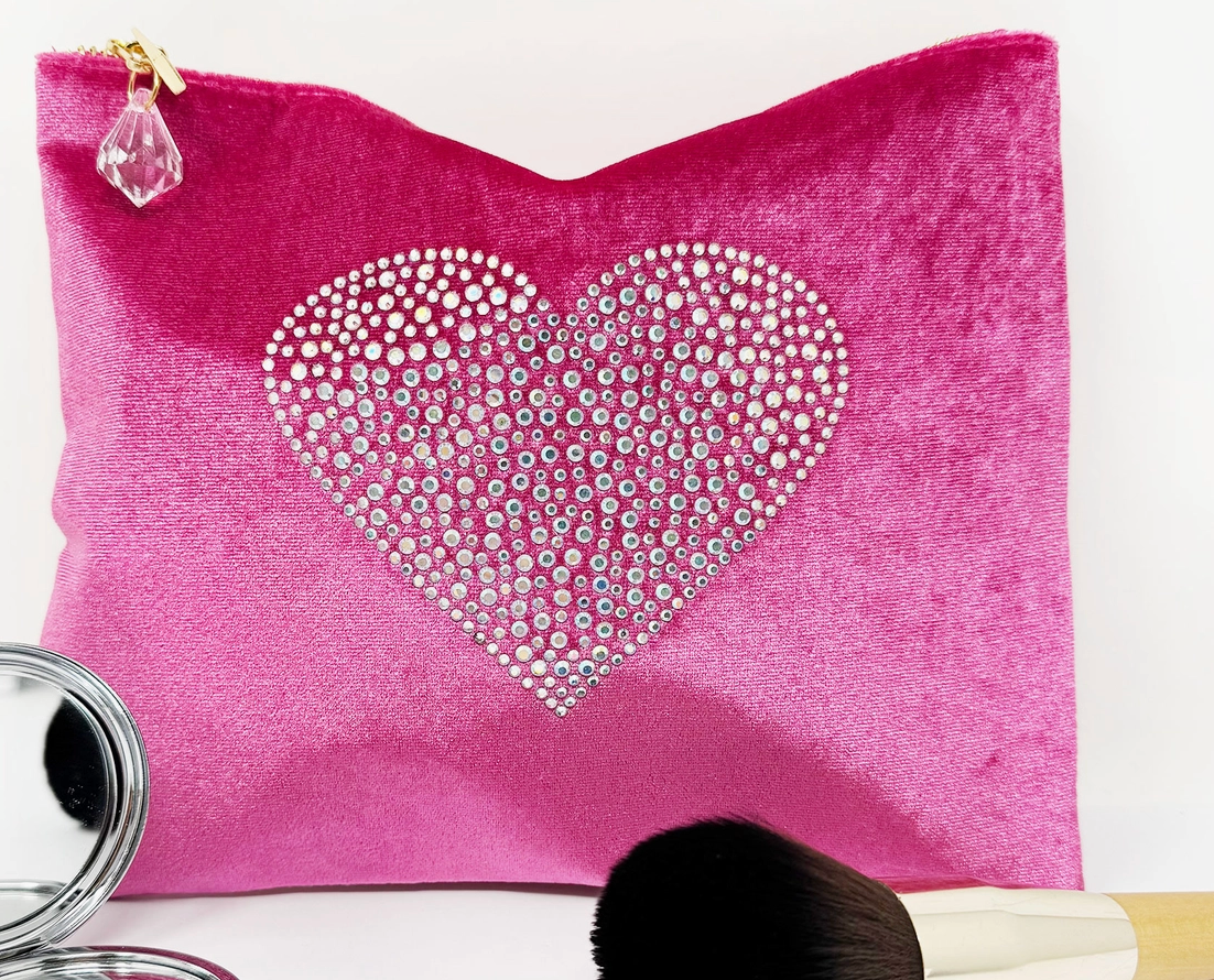 Velvet Rhinestone heart make up bag