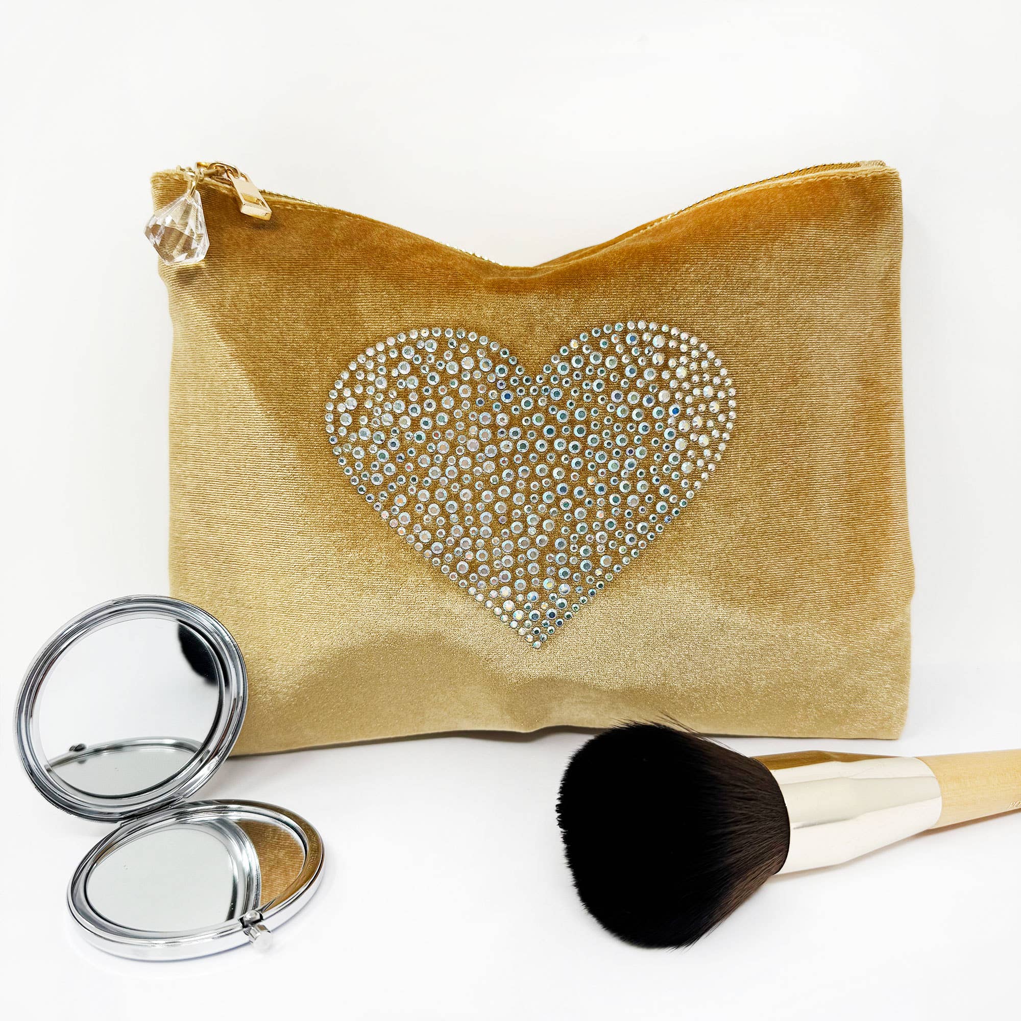 Velvet Rhinestone heart make up bag
