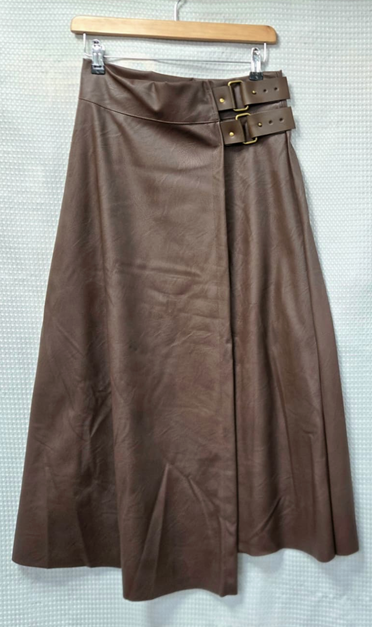 Leather Look Buckle Skirt - Brown