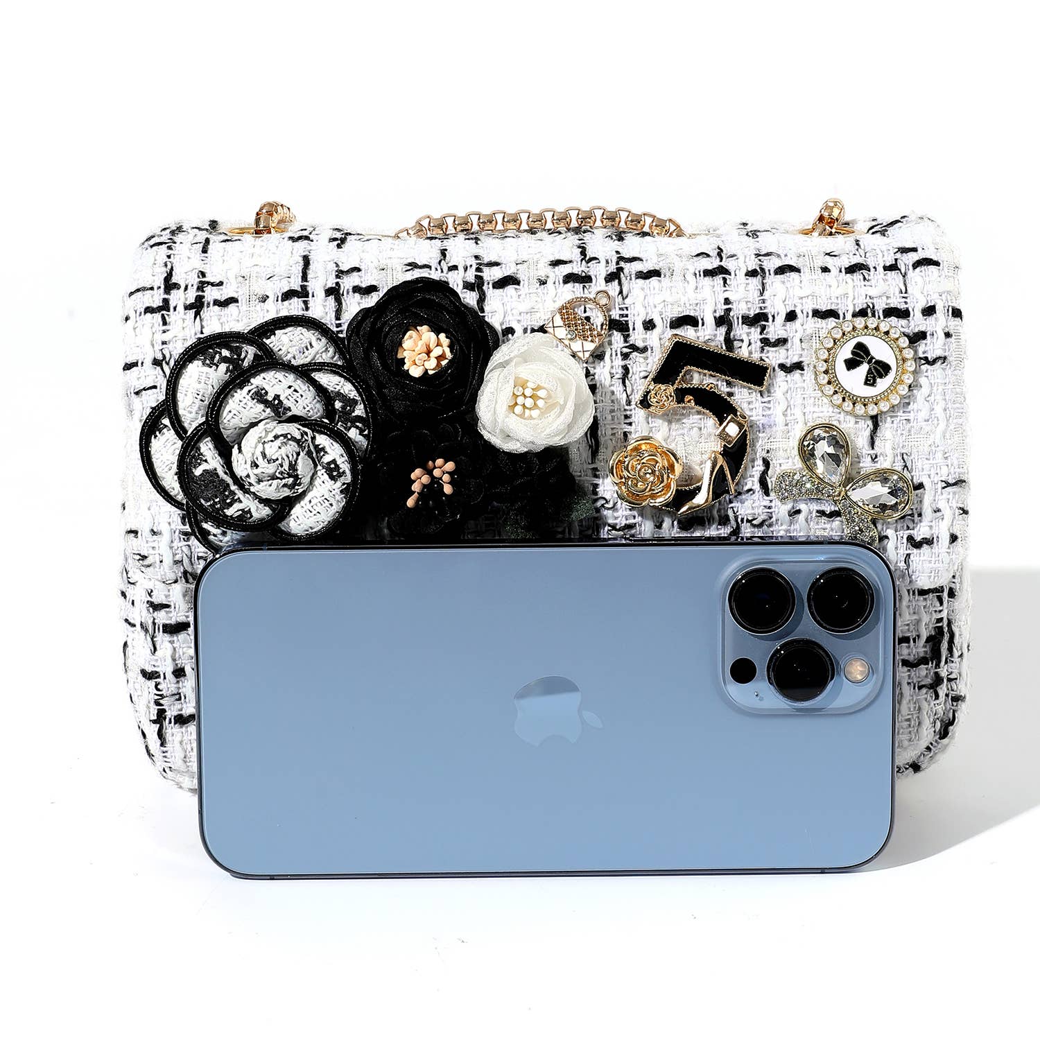 Tweed Bag with Floral & Charm Accents
