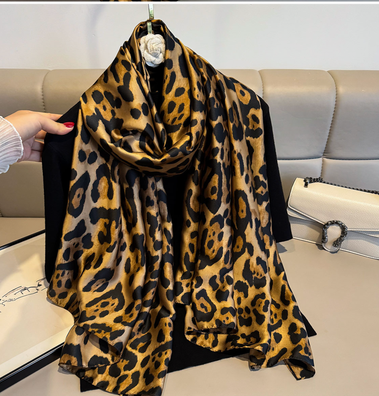 Leopard Print Satin Scarf
