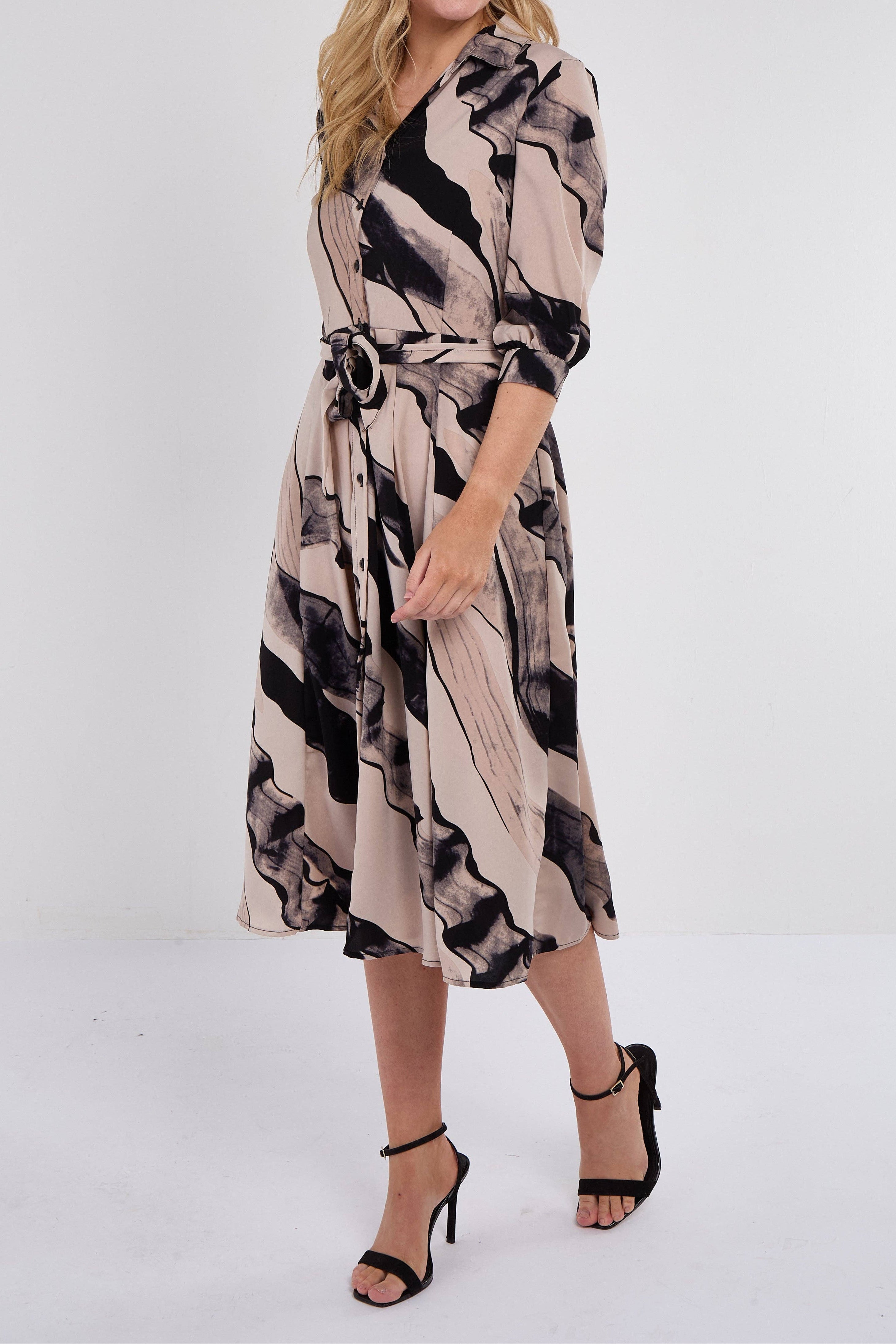 Abstract Print Half Sleeve Midi Shirt Dress