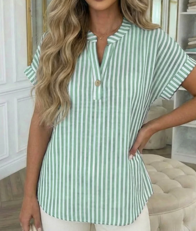 Linen Stripe Button Top - Green