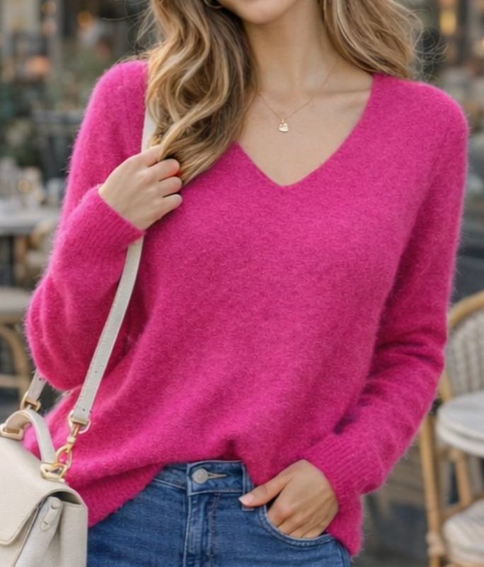 V Neck Alpaca Soft Touch Knit - Fuschia