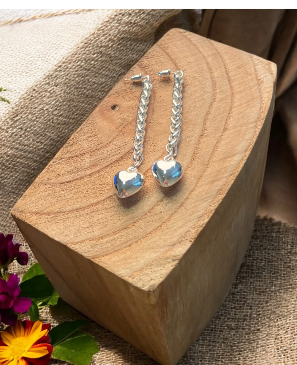 Long Drop Heart Earrings - SILVER