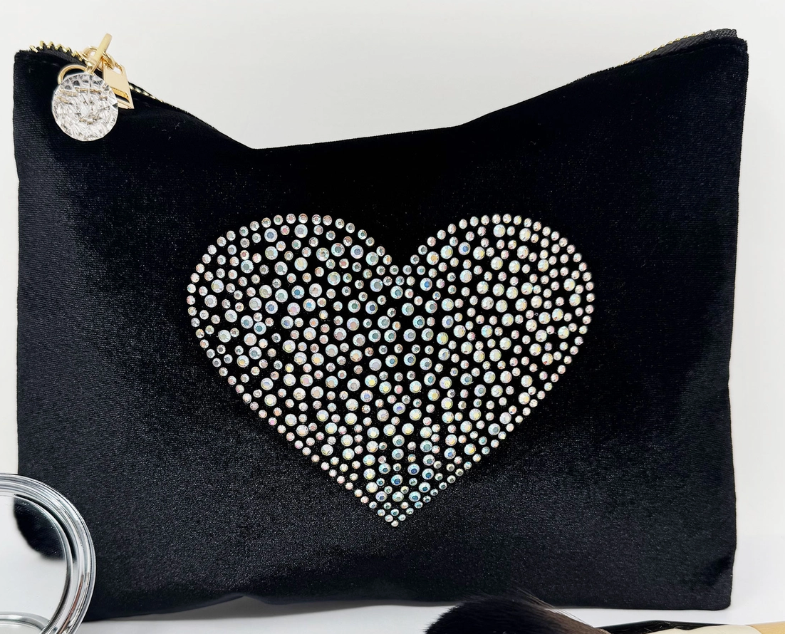 Velvet Rhinestone heart make up bag