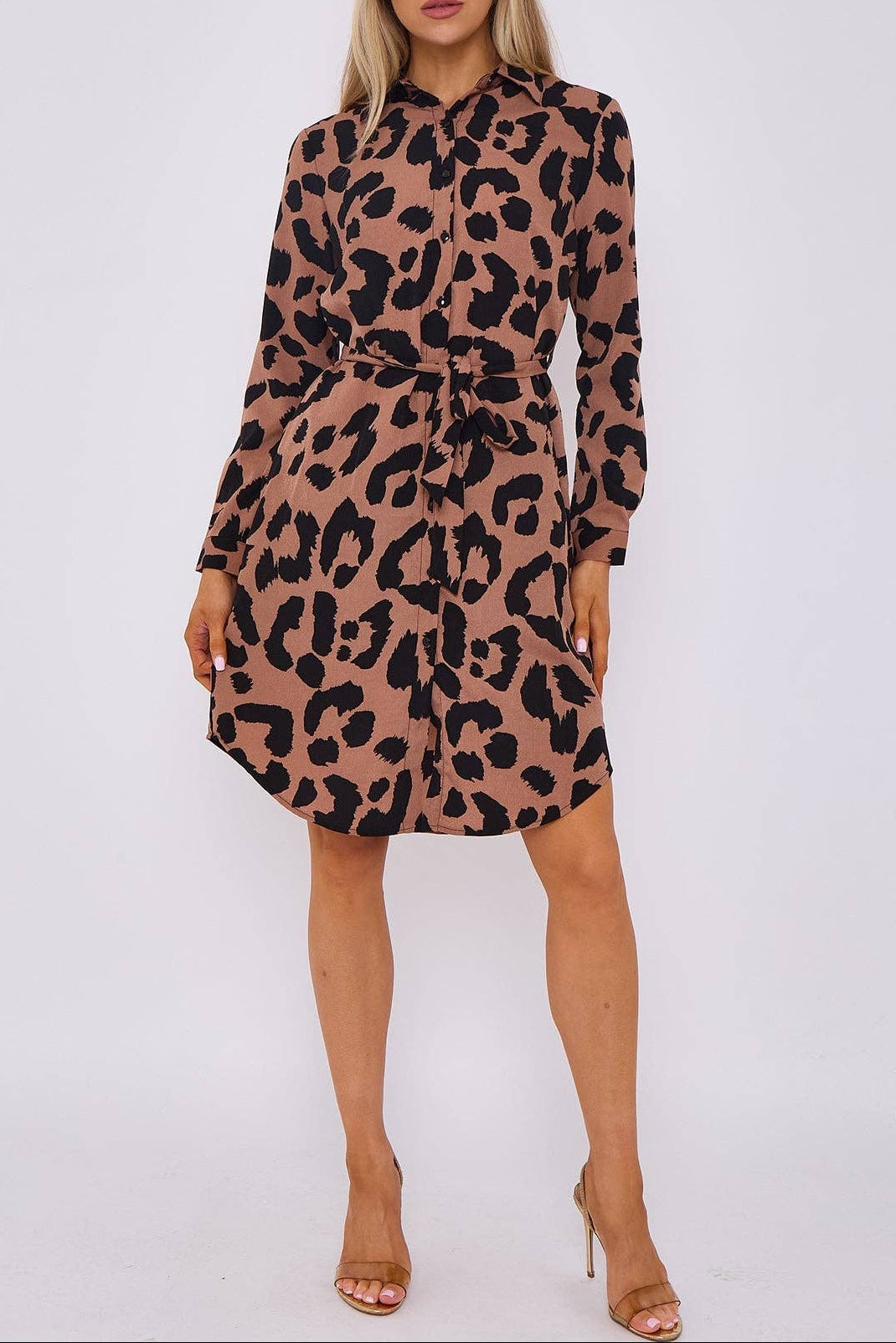 Tan Leopard Print Mini Shirt Dress