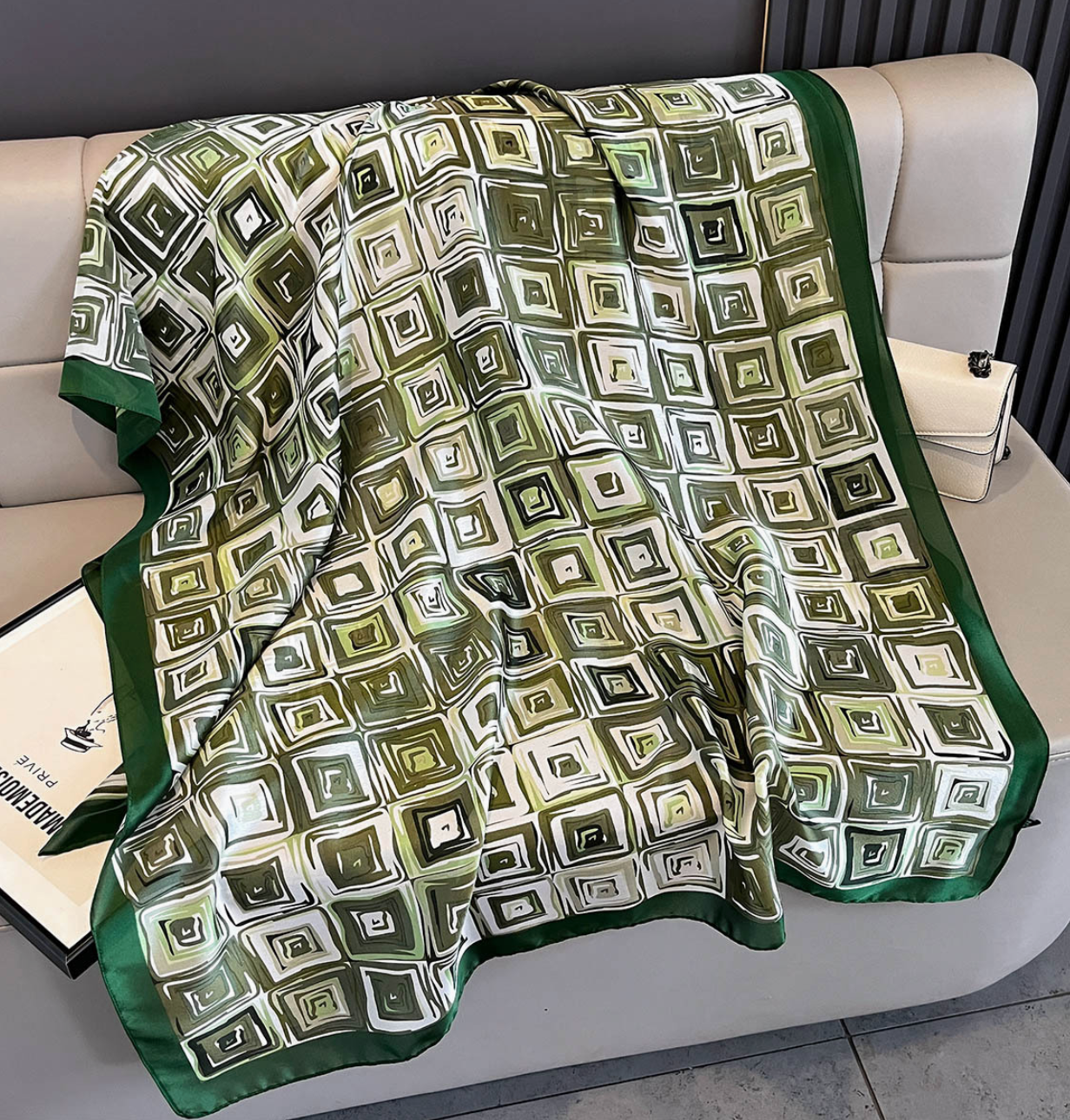 Abstract Squares Print Satin Scarf - Green