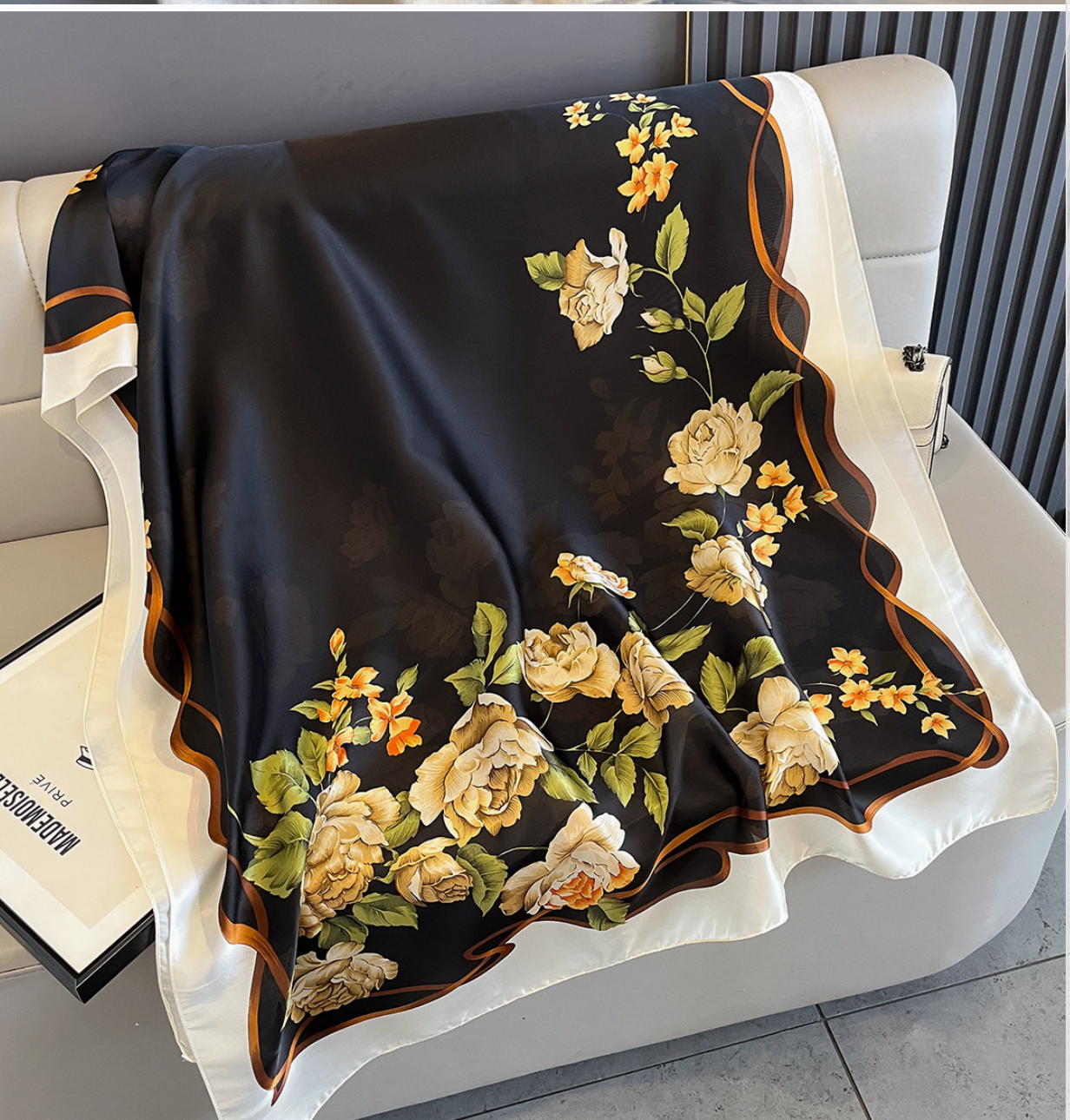 Floral Satin Feel Scarf - Black